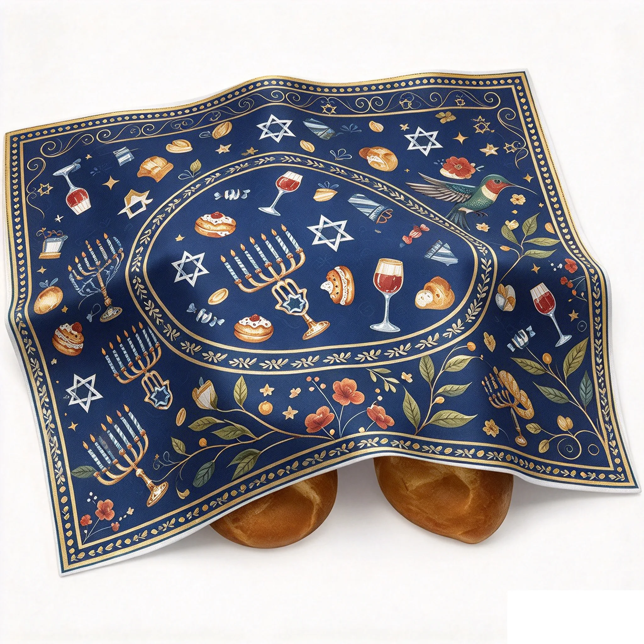 Jewish Hanukkah Chanukah Floral Challah Cover Cloth Polyester Kitchen Dining Matzo Cover Cloth Hanukkah Cloth Judaica Gift