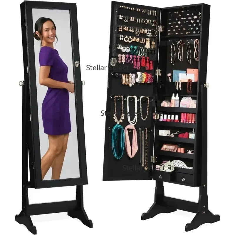 

yFreestanding Jewelry Armoire Cabinet, Full Length Standing Mirror, Lockable Makeup Storage Organizer, w/Velvet Lining, 3 Angle