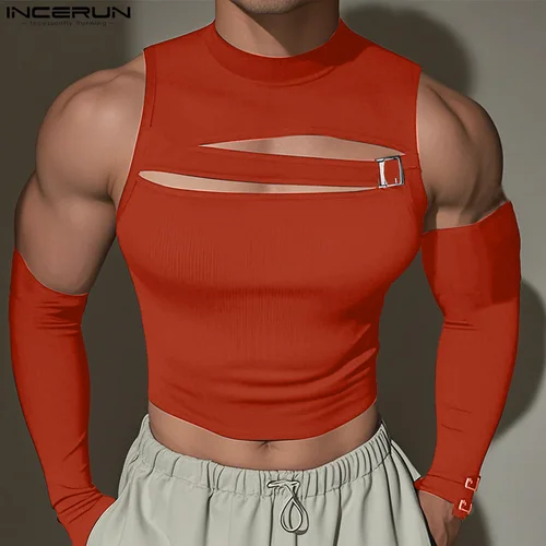 INCERUN, camisetas sin mangas para hombre, Color sólido, sin mangas con manga, chalecos calados para hombre, ropa de calle Sexy, Tops cortos de moda 2025, S-3XL para hombre