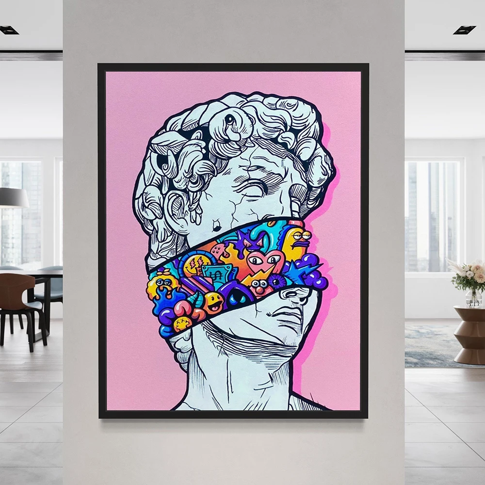 

Abstract Sculpture Graffiti Canvas Painting Exploring The Statue Of David Comic Poster Colorful Wall Art Living Room Home Decor