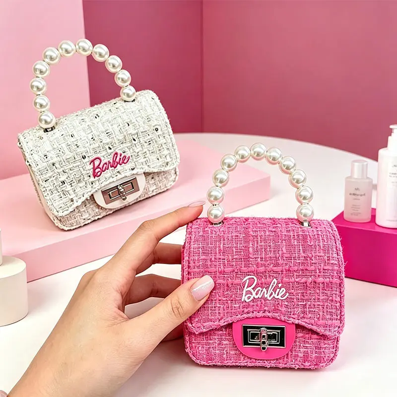 Barbie Tweed Jelly Bag Women Mini Shoulder Bag Cute Pearl Handle Handbag Fashion Crossbody Purse Girls Gift Trendy Small Bag
