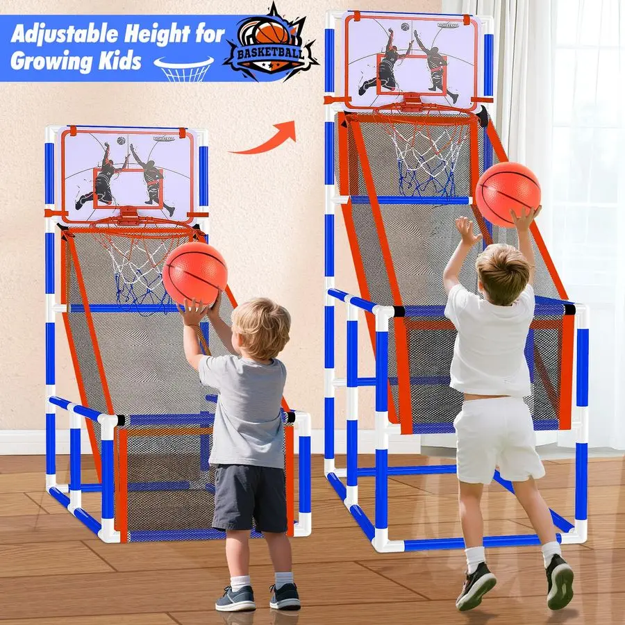 مجموعة ألعاب كرة السلة الداخلية، طوق أركيد كرة السلة بارتفاع قابل للتعديل مع مضخة 4 كرات أمبير، قاعدة طلقة واحدة للاستخدام الداخلي والخارجي