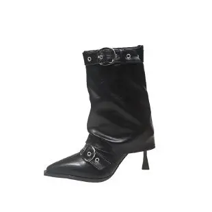 أحذية عالية الكعب مدببة ضيقة متوسطة الساق للنساء 2025 جديد الخريف والشتاء التراص الأحذية السراويل السوداء فارس الأحذية