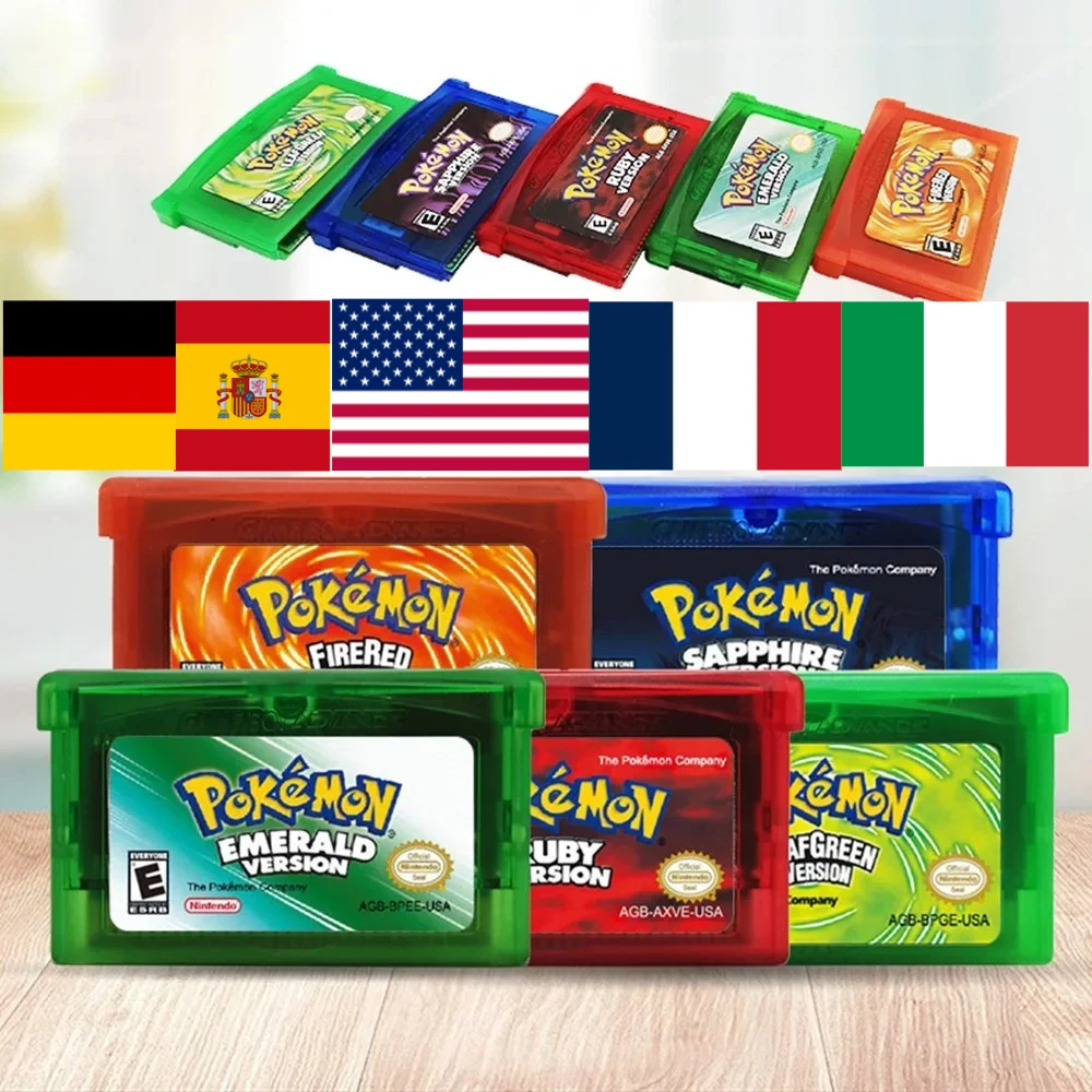 フランス製32ビットgbaビデオゲームカートリッジコンソールカードポケモンシリーズaセットエメラルドファイアレッドリーフグリーンルビーサファイア（シャイニー付き）