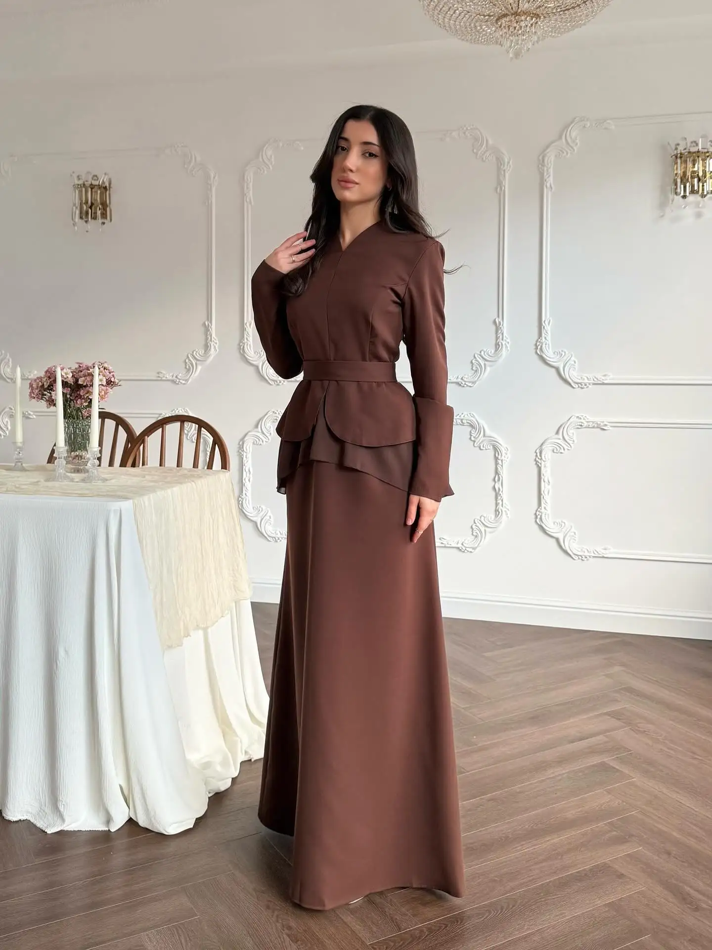 فستان حفلات أنيق مخصص باللون العنابي للنساء برقبة على شكل حرف v وأكمام طويلة للحفلات المسائية بطول الأرض فساتين مناسبة رسمية #3