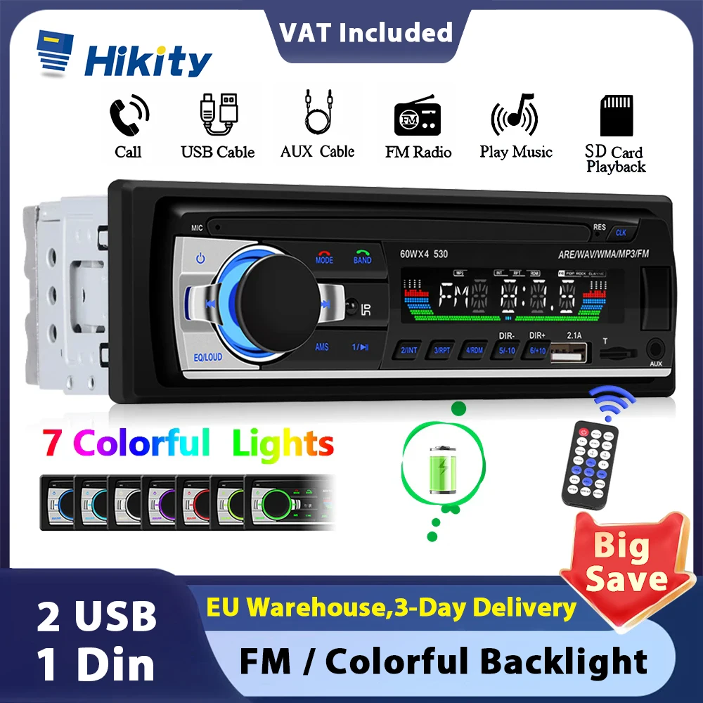 Hikity 1 Din Car Radio Digital Car MP3 Player Stereo BT FM Radio Stereo Audio Music USB/SD with In Dash AUX Input