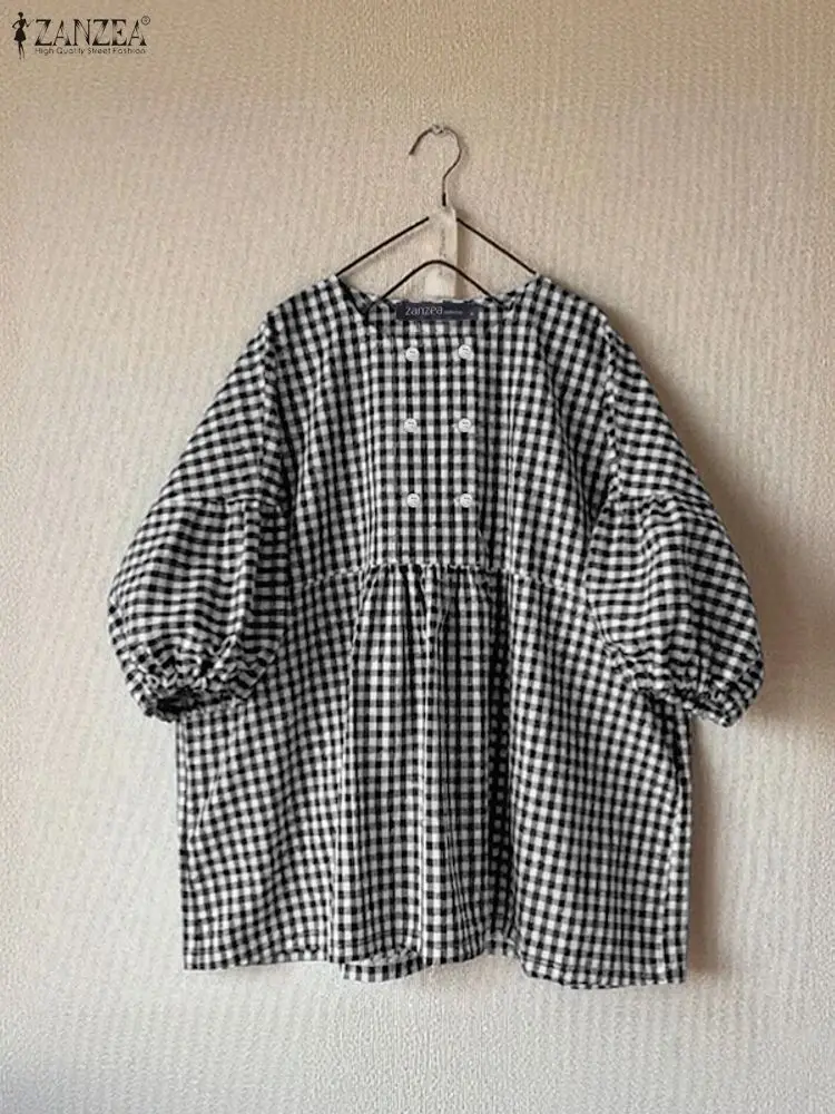 ZANZEA Lässige Gingham-Blusen für Damen, Sommer 2022, O-Ausschnitt, kurze Laternenärmel, karierte Babydoll-Oberteile, Alltagskleidung, Damenbekleidung, 3XL