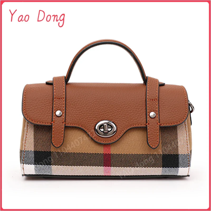 Yao Dong Aidrani  New plaid mini bag, made of canvas cowhide material, single shoulder crossbody women's bag