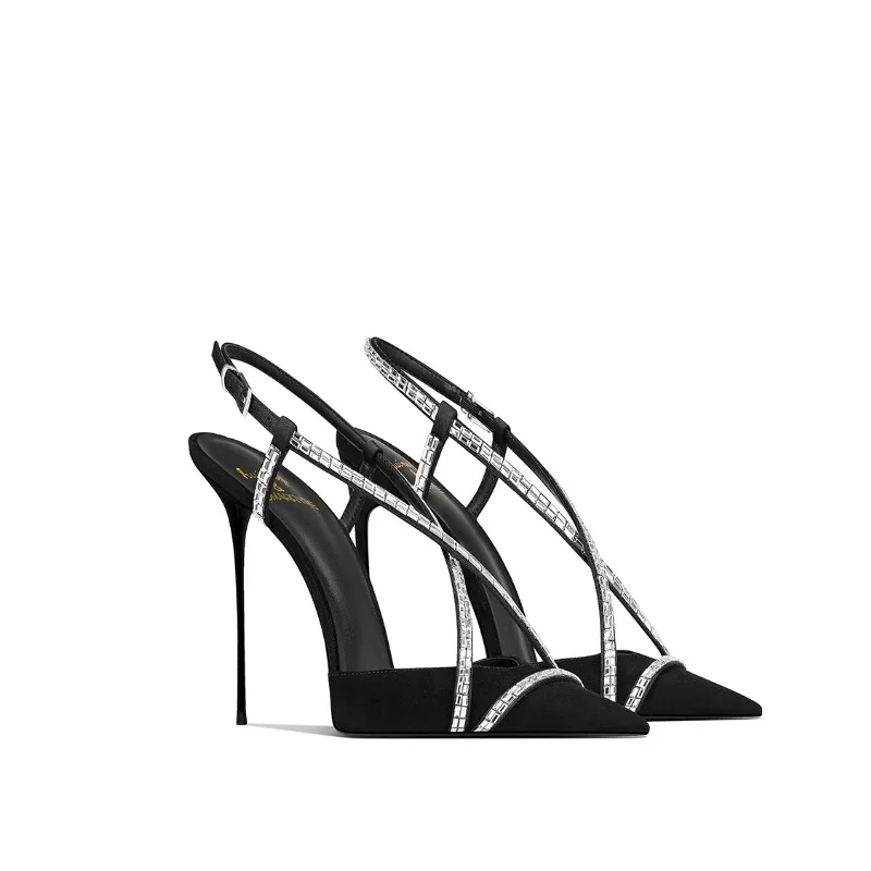 

Black Suede Pointed Toe Stiletto Heels with Rhinestones 2025 Summer New Women Dress Shoes