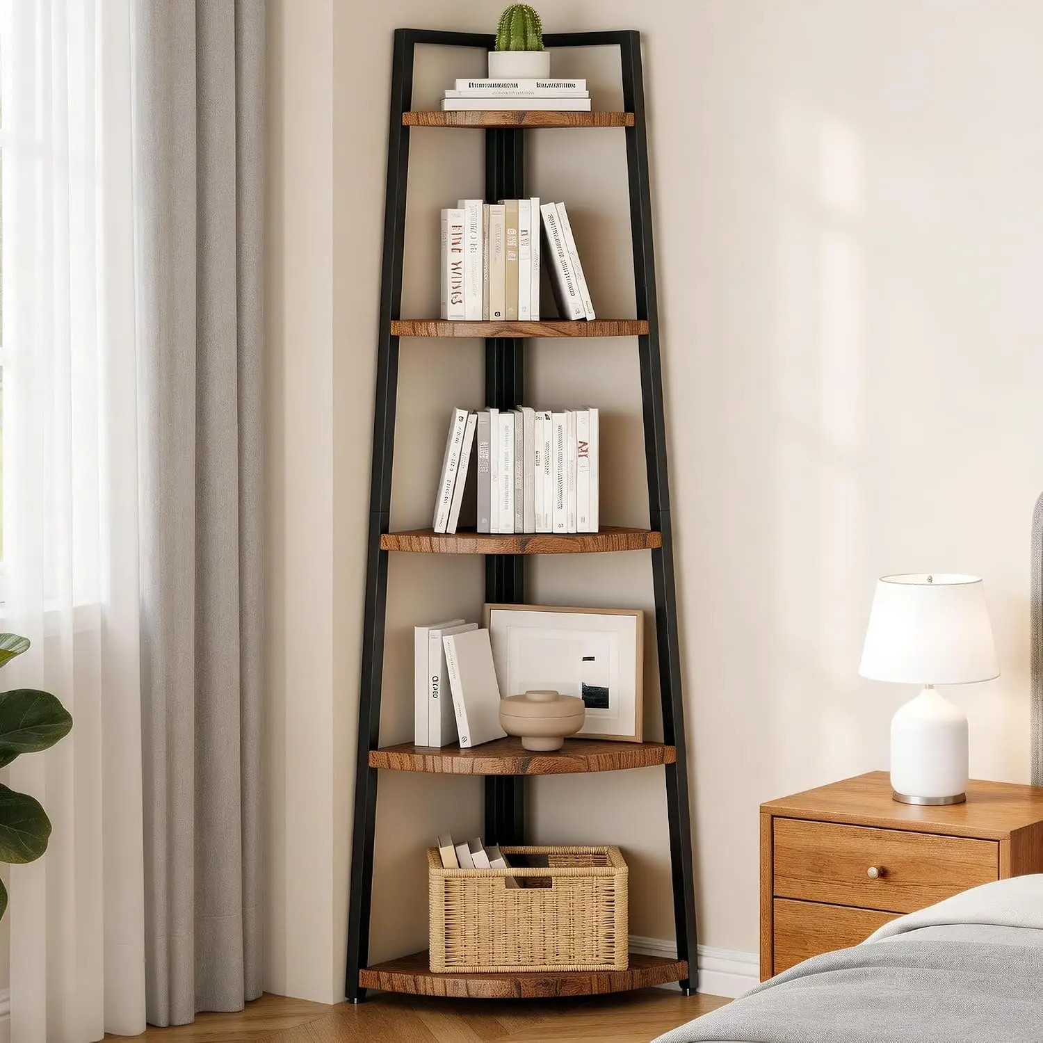 Solid Wood Corner Shelf, Five Shelf Bookcase Display Organizer Rack Stand For Bathroom Living Room Bedroom, Tall Space Saving Ladder Wall Bookshelf Holder Furniture, Brown Set