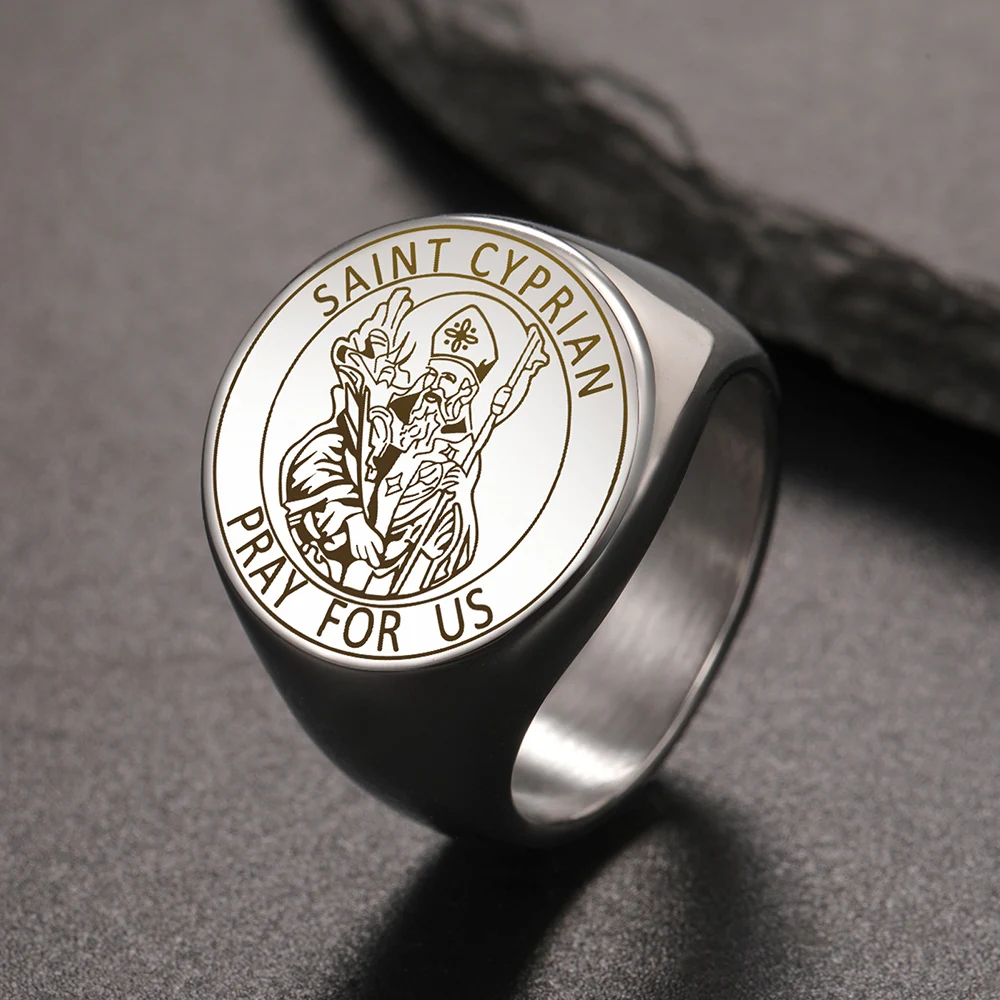 Dawapara Vintage Saint Cyprian Erzengel Ring Religiöses Schutzamulett Beten für uns Christlicher