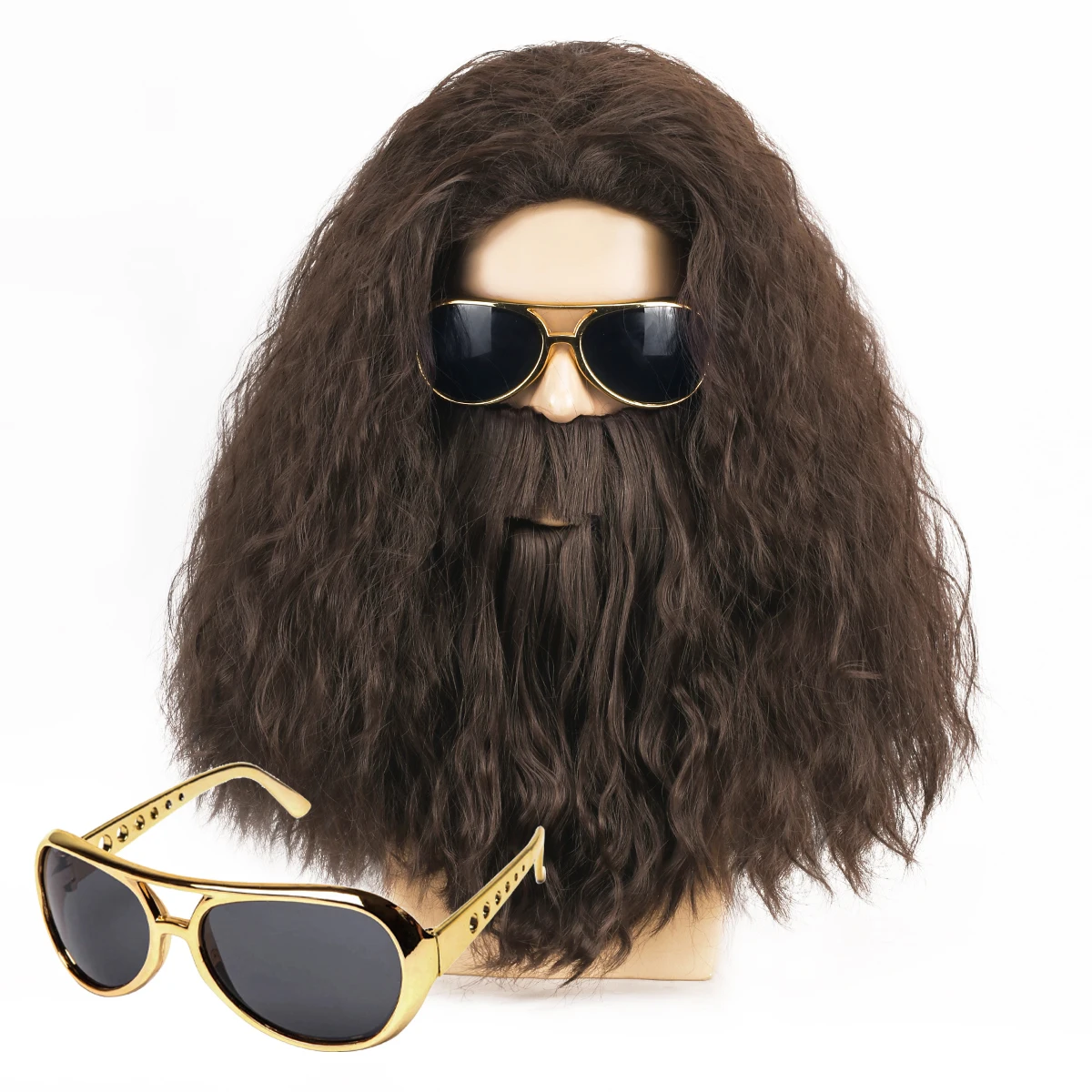 20 inch short curly fluffy dark brown men's beard synthetic wig+glasses mountaintop cave man, wild man costume role-playing synt