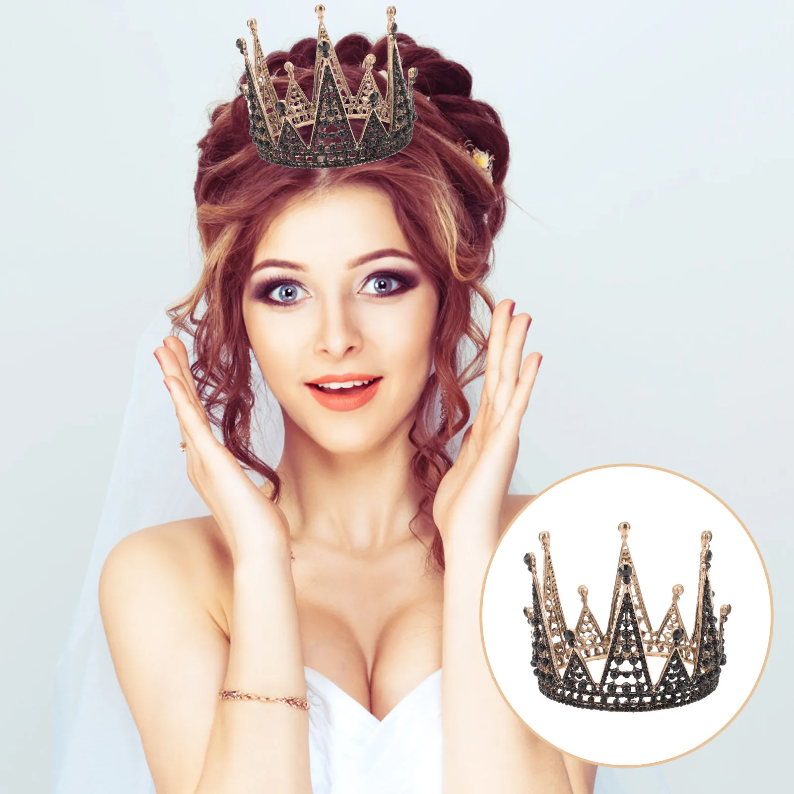 

Vintage Black Rhinestone Crown Gothic Headpiece for Women Bride Wedding Headdress Party Tiara Crystal Bridal Hair
