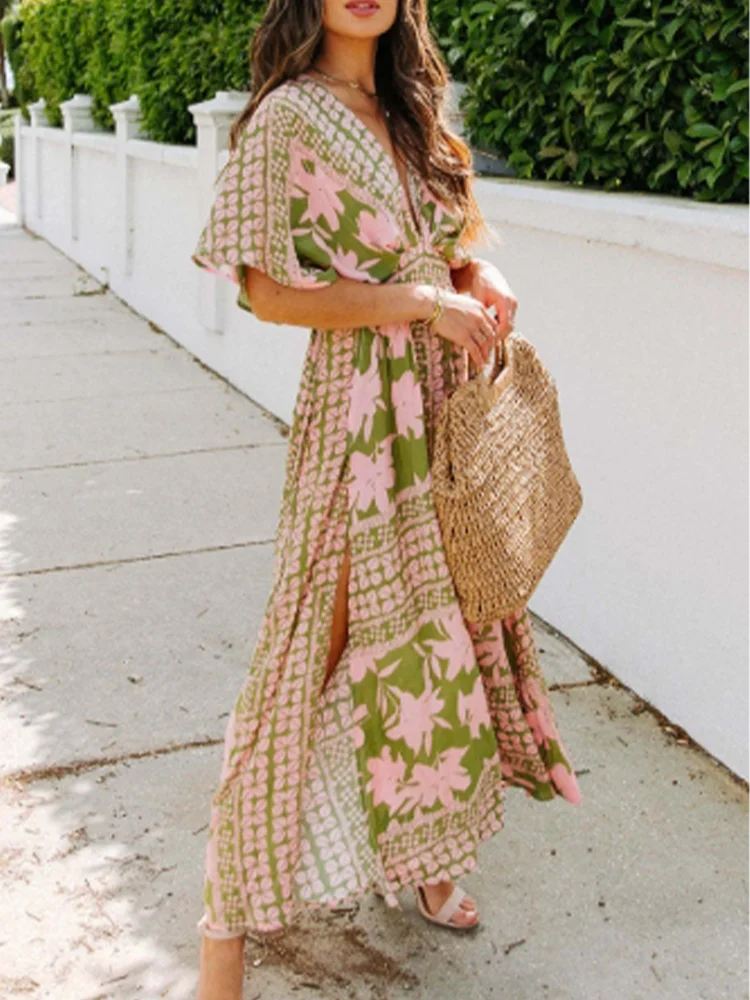 

Floral Print Short Sleeved High Waisted V-neck Women's Dress Vacation Dating Elegant Commuting Style Summer Dresses