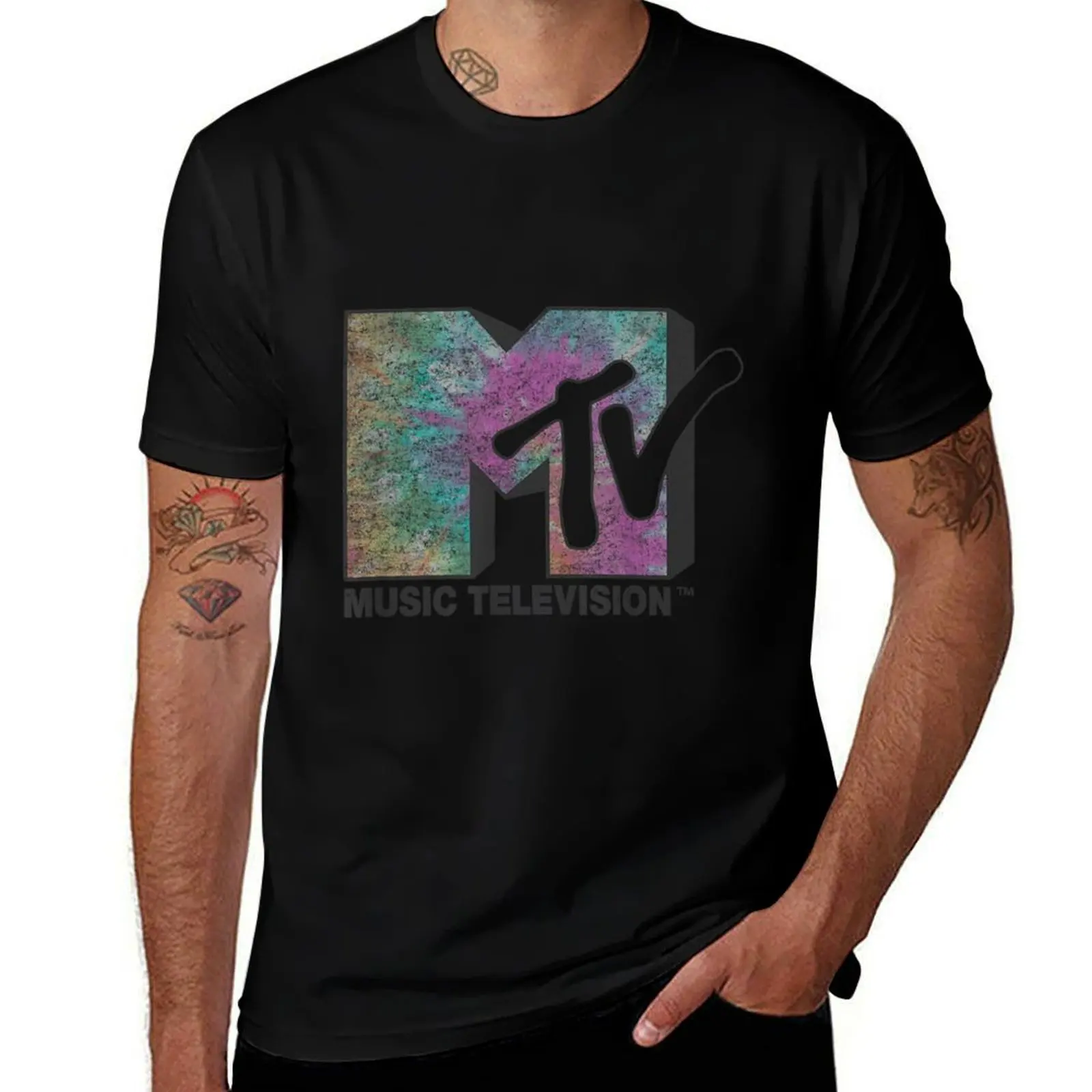 MTV Music Television Faded Tie Dye Logo Fill T-Shirt Casual Holiday Short Sleeve Tee
