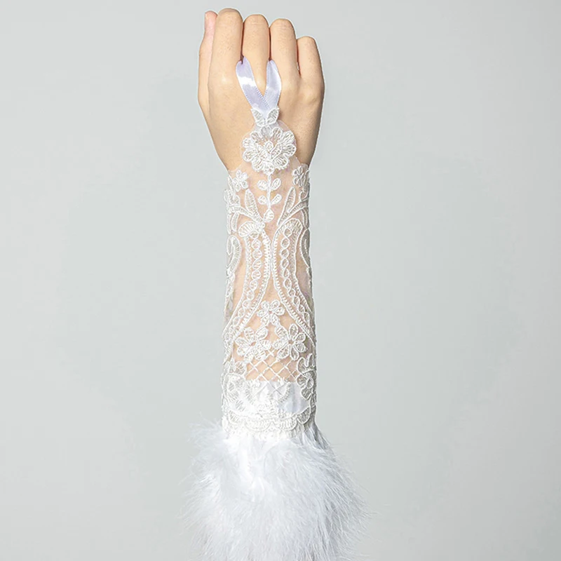 Guantes largos sin dedos de plumas de encaje para mujer, pulsera de malla gótica, puños de boda, accesorios de fiesta de Halloween, 1 Pc
