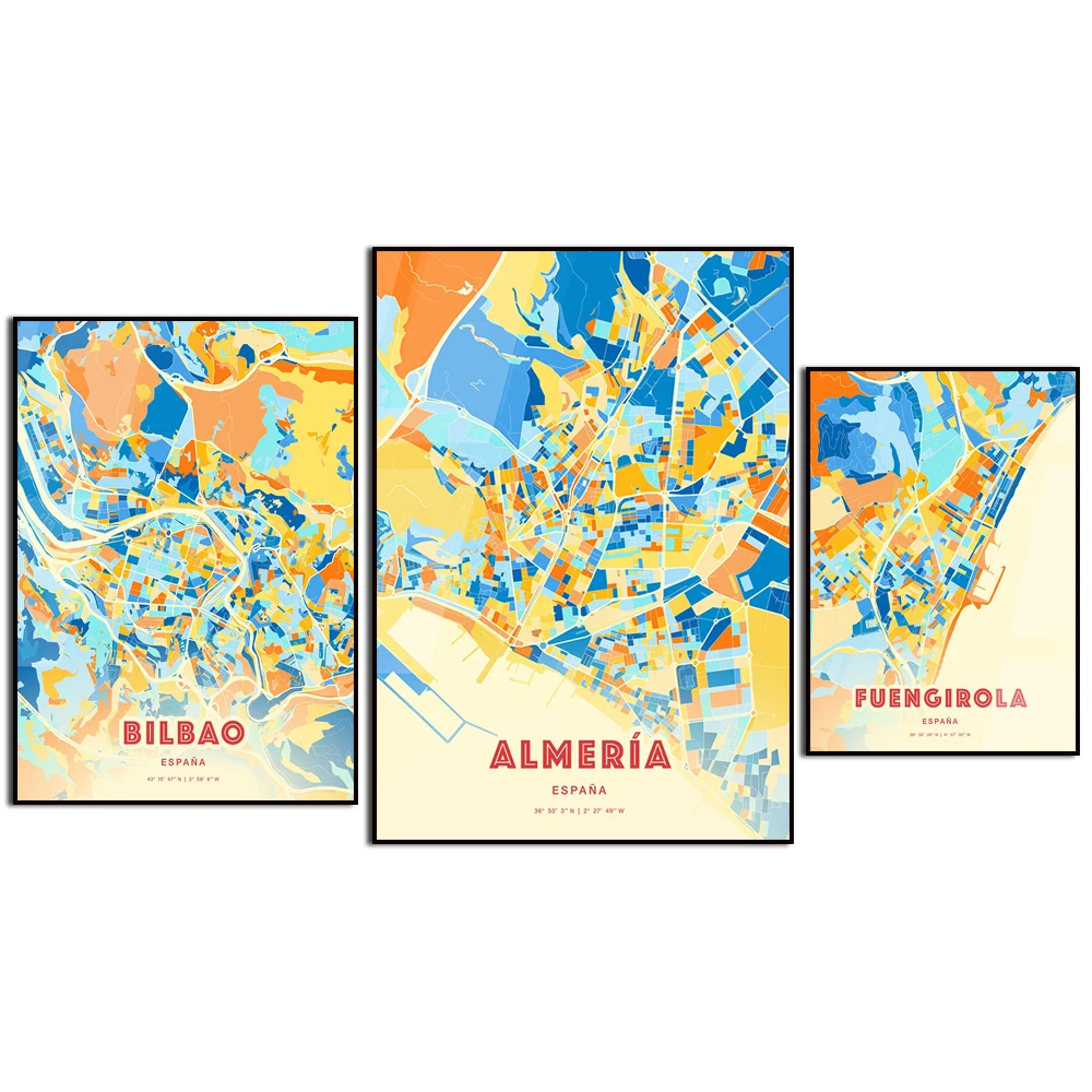 Gran Canaria, Spain. Fuengirola. Madrid. Vigo. Torrevieja. Almeria. Alicante. Bilbao. City color map. Wall decoration. Poster