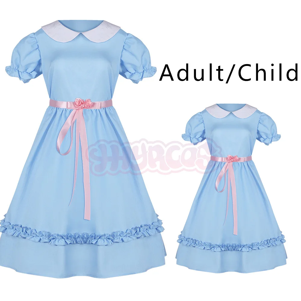 

Horror Movie Twins Sister Cosplay Costume Adult Boy Girls Blue Dress Suit Halloween Outfit Party Uniform Accessories Dress Belt