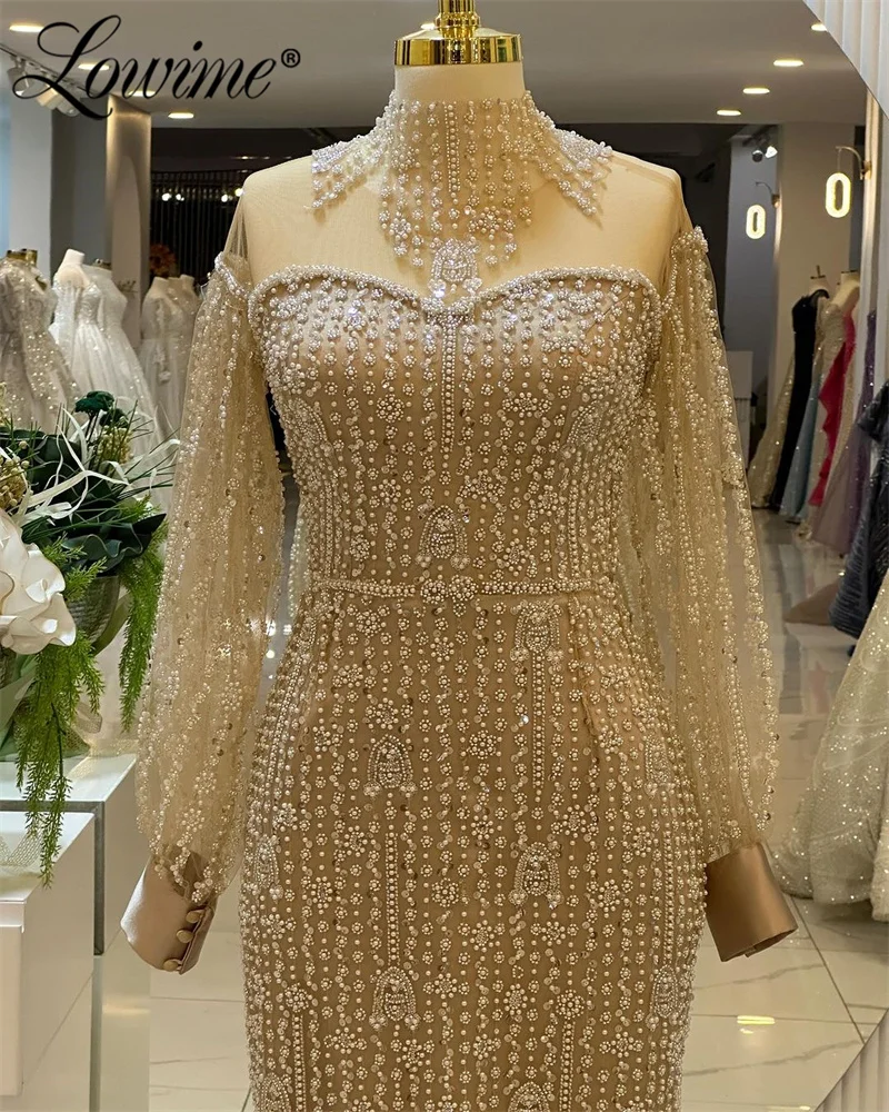 Lowime Elegant Dubai Arabic Evening Dresses Champagne Heavy Beaded Party Gowns Middle East Long Sleeves Party Dress Customized