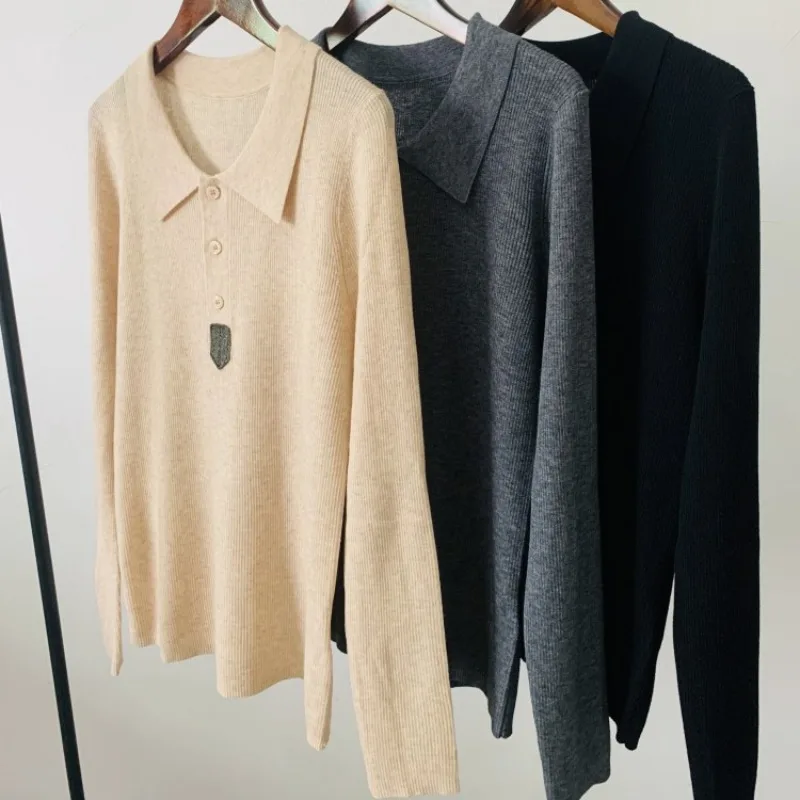 Autumn and Winter Beaded Lapel Knitwear Positive Shoulder Long-sleeved Solid Color Wool Bottoming Tops Women Sweater