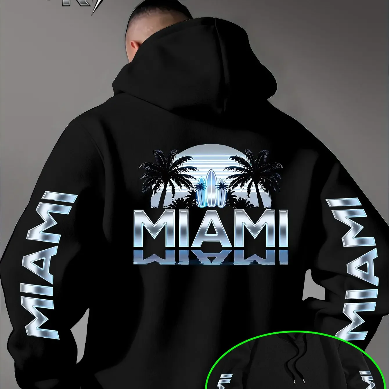 Street Culture Symbol Hoodie Miami Tropical Retro Metallic Silvery Gradient Font MIAMI Pattern Print
