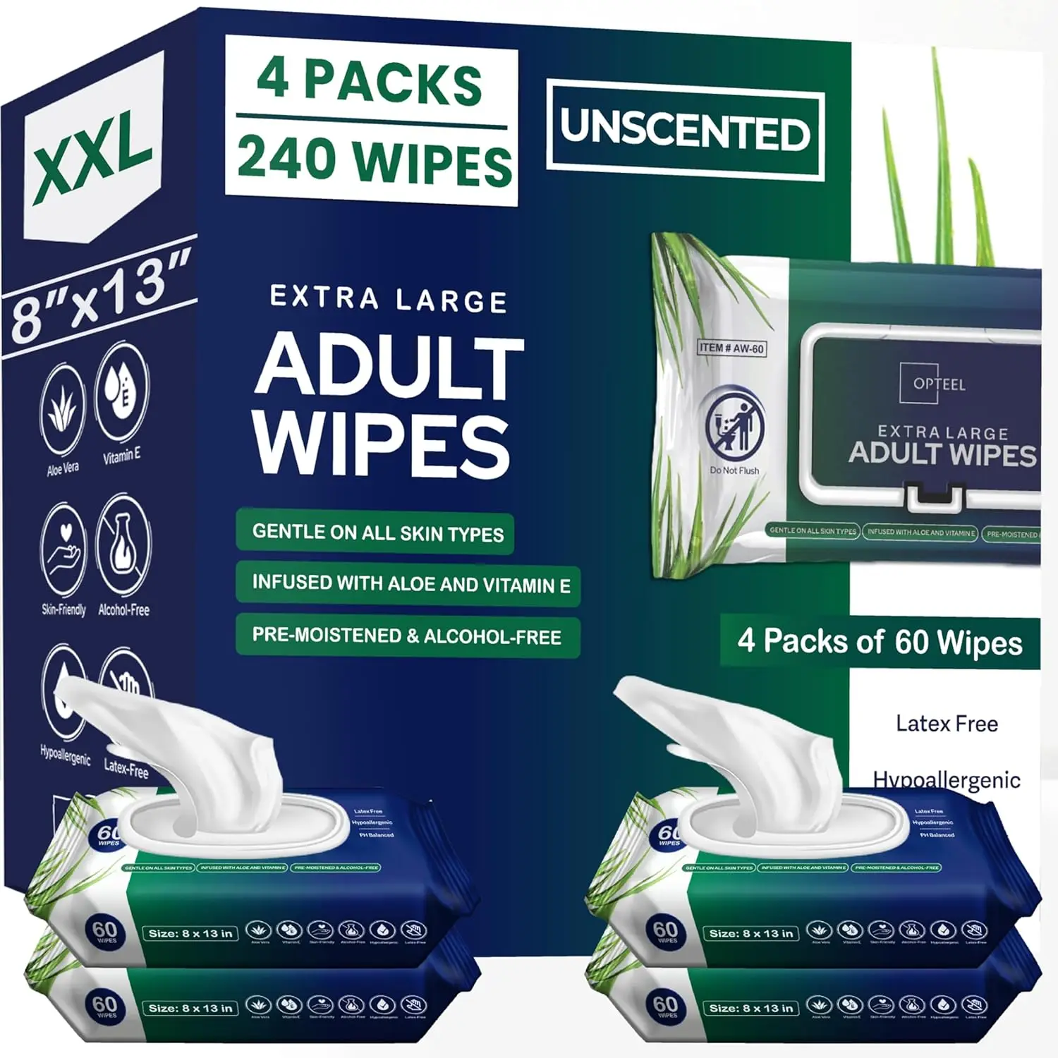 Extra Large Soft Wet Wipes for Adults, Vitamin E & Aloe Infused, Disposable Washcloths for Elderly Care, 240ct