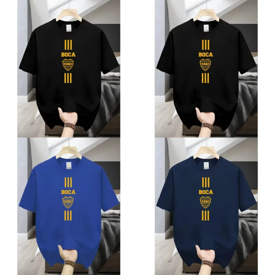 

【Хорошее качество】Эксклюзивная быстросохнущая дышащая мужская рубашка с короткими рукавами для болельщиков клуба Бока с золотым принтом логотипа команды.