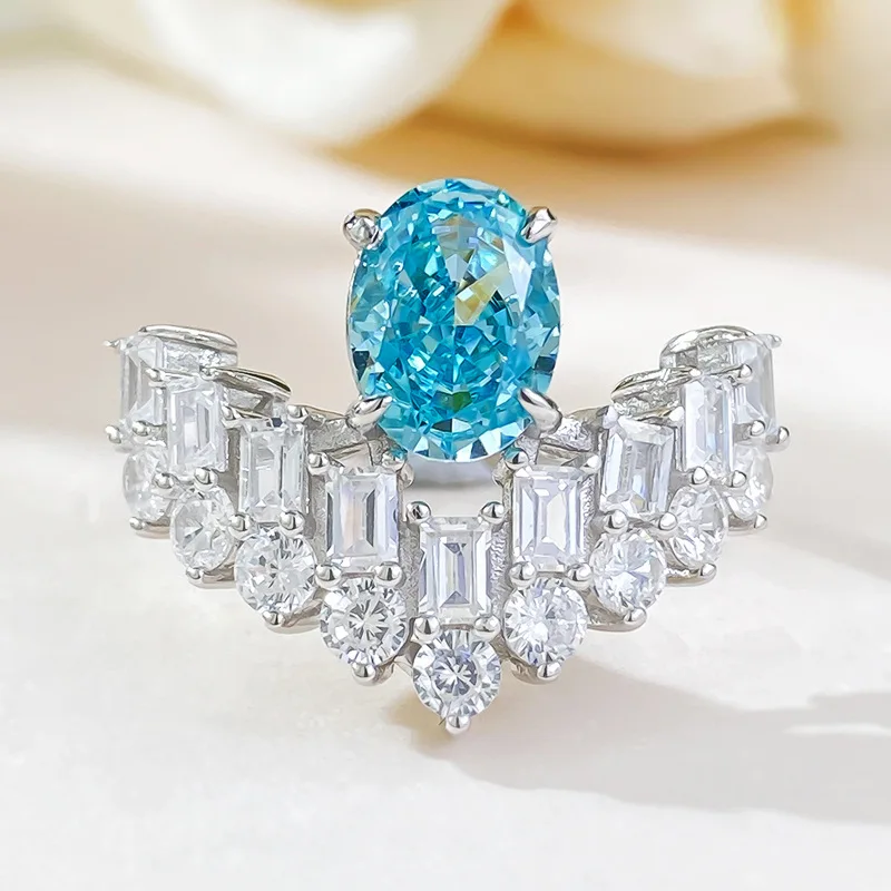 New High Carbon Diamond Ring with 925 Full Body Set 6 * 8 Paraiba European and American Light Luxury Women's Ring