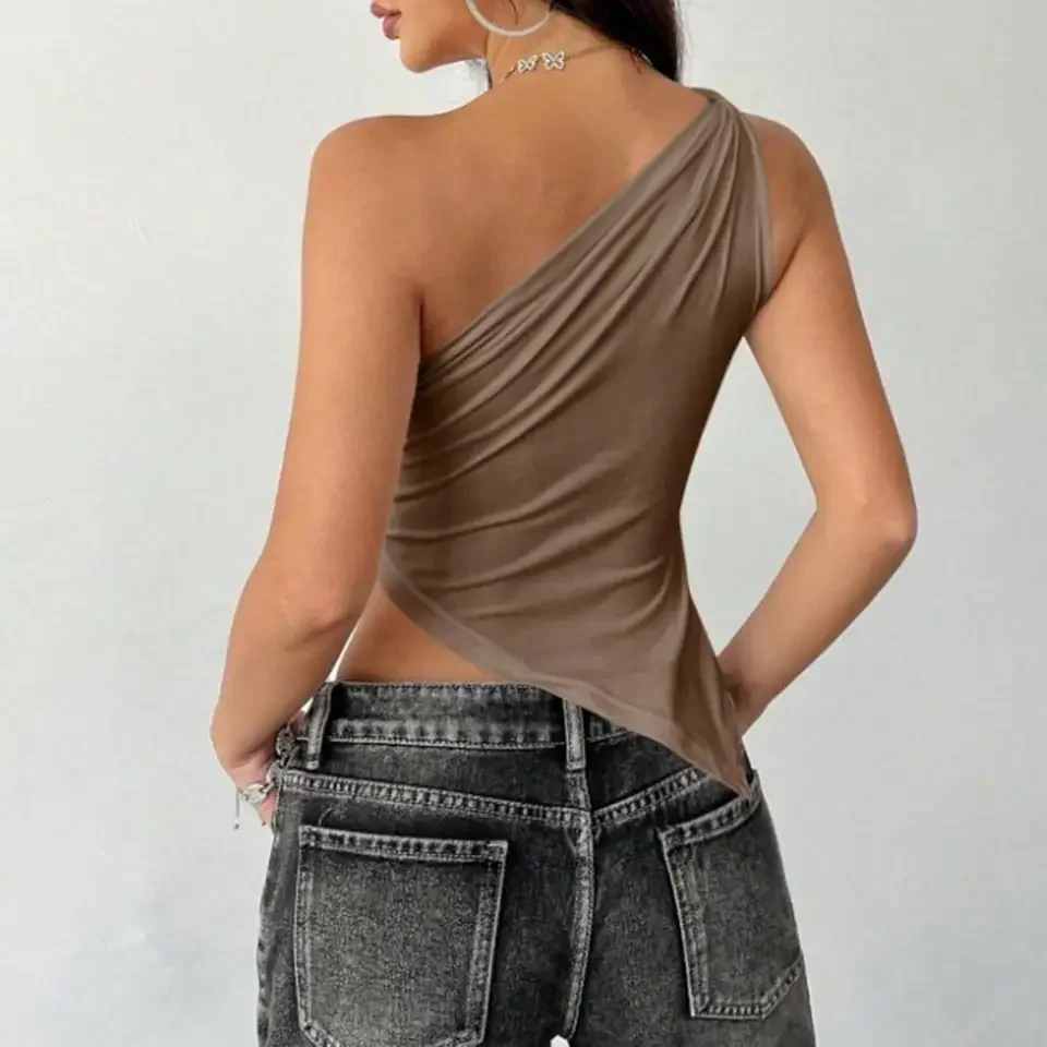 

2025 New Sexy One-Shoulder Ruched Tank Top Street Slim Light Personality American Hottie Girls Sexy Tank Tops
