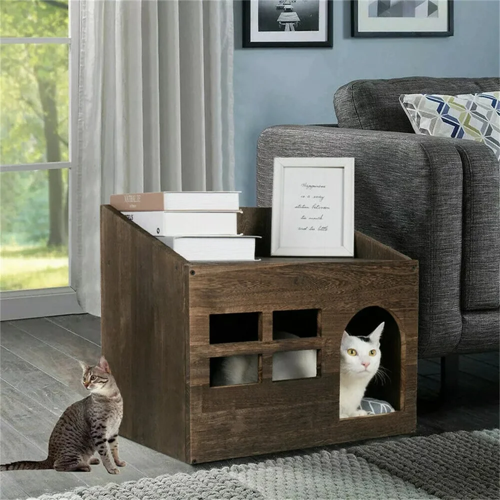 2 In 1 Wooden Cat House Puppy Rabbit Hideout Shelter Small Cat Pet End Table Furniture with Soft Washable Cushion Indoor Outdoor