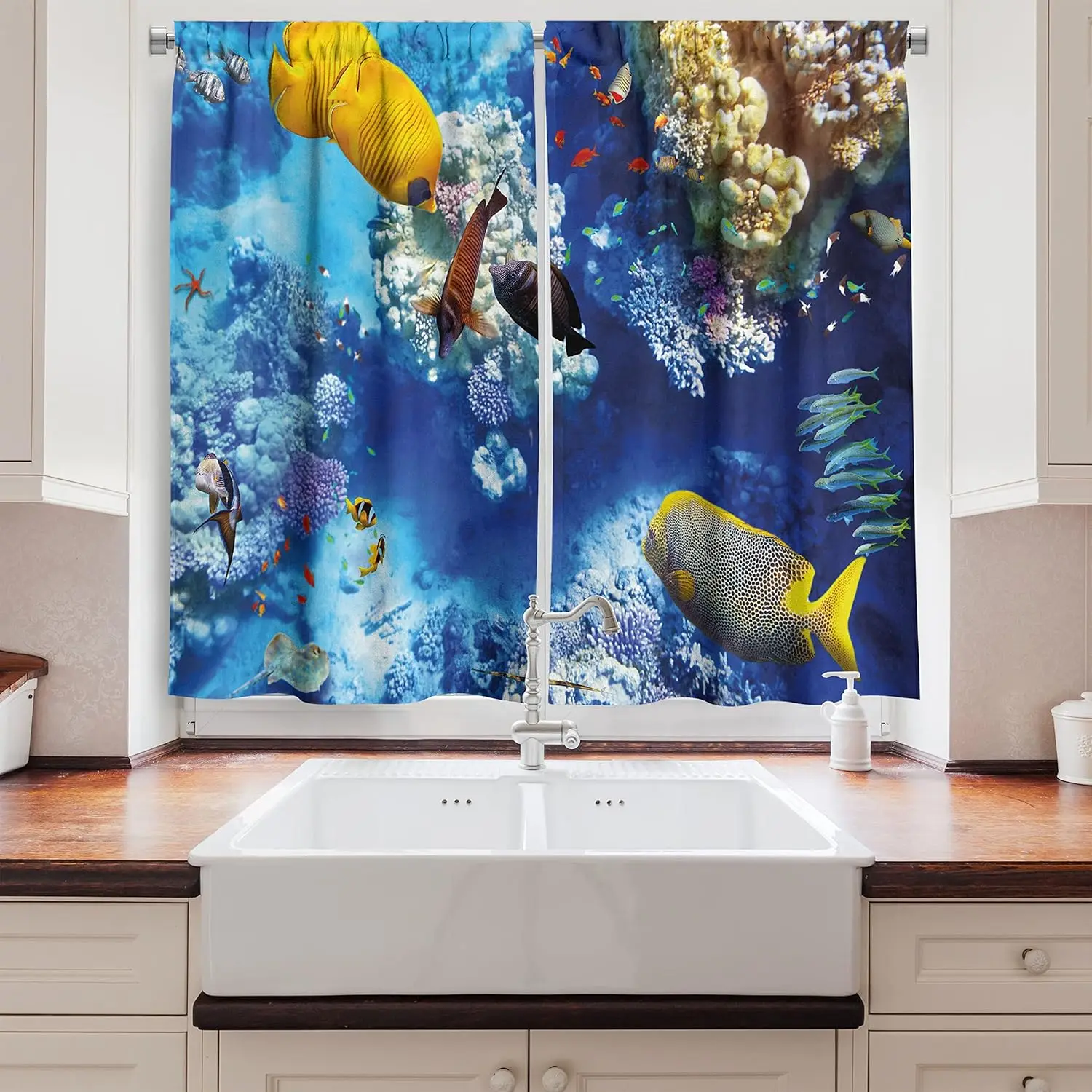 Decorative Blue Ocean Reef Curtains Tropical Underwater Fish Coral Aquarium Window Curtain Panels Coastal Nautical Sea Life