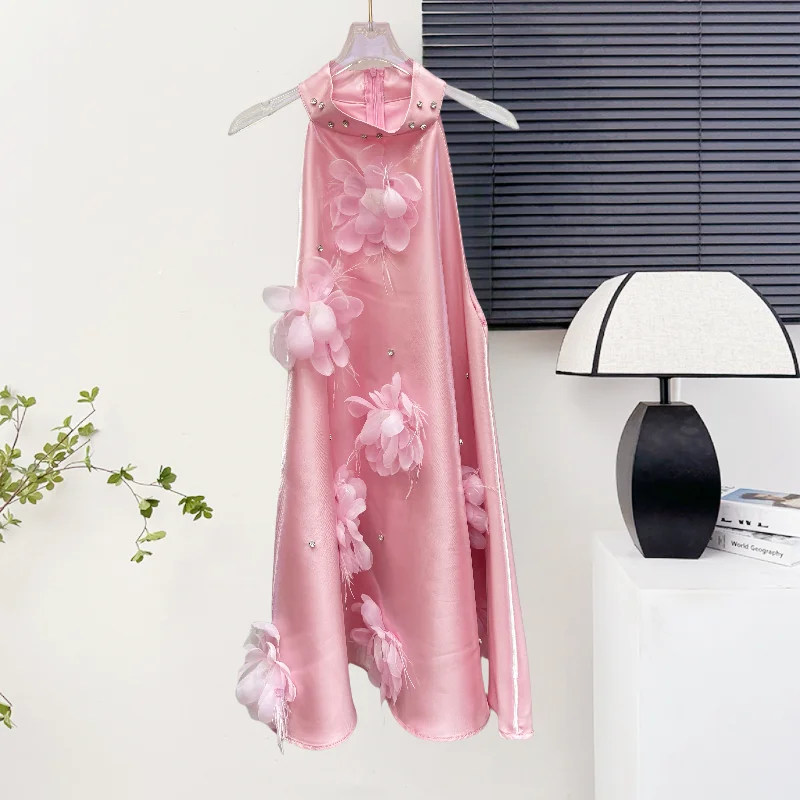 Nouveau, été, européen, vêtements, une ligne Mini, robe, femmes, Chic, Sexy, épissé, fleurs tridimensionnelles, diamants, sans manches, hauts, 55061