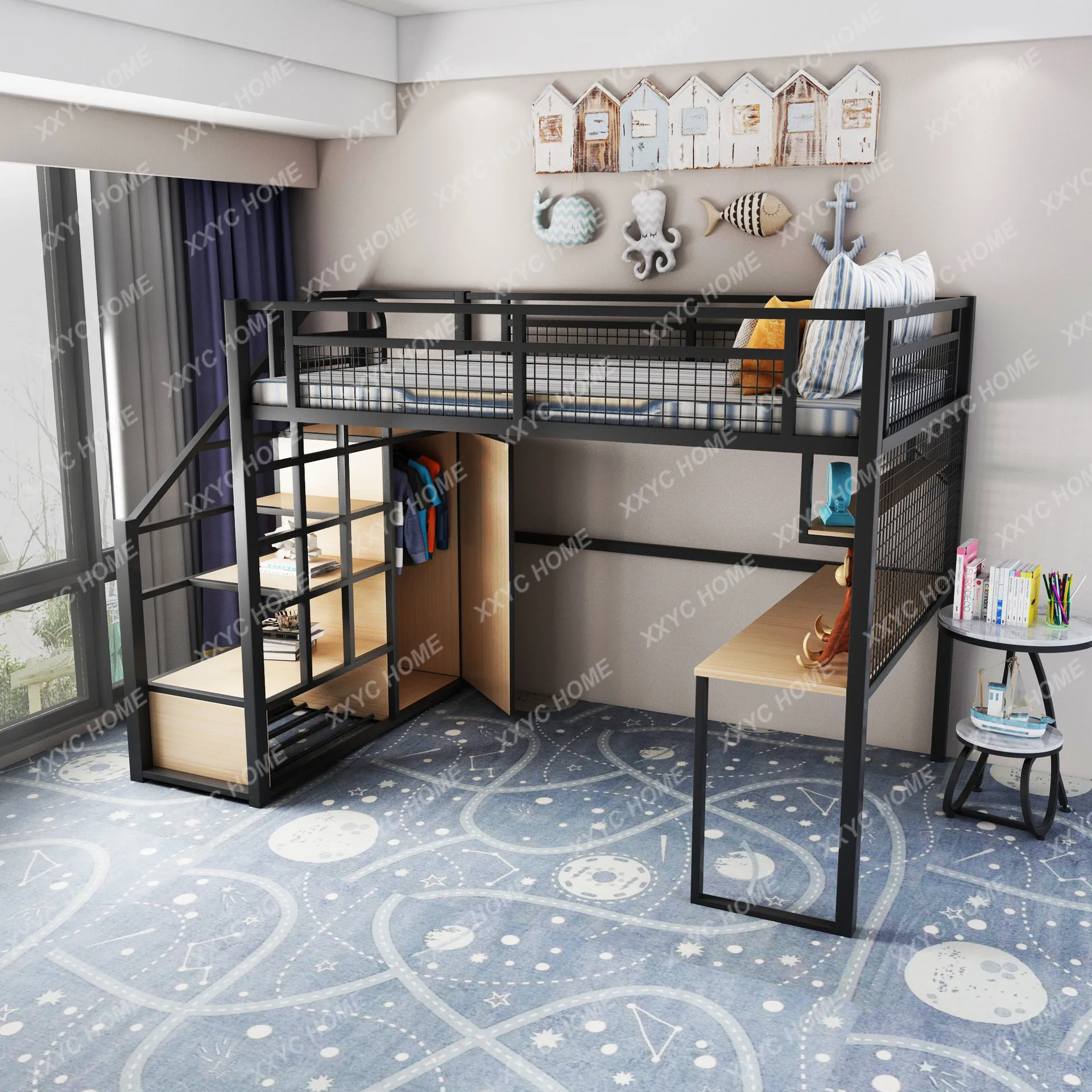 GH elevated bed sheet Upper floor saves space Small apartment on the bed and lower table Iron frame bed in children's dormitory