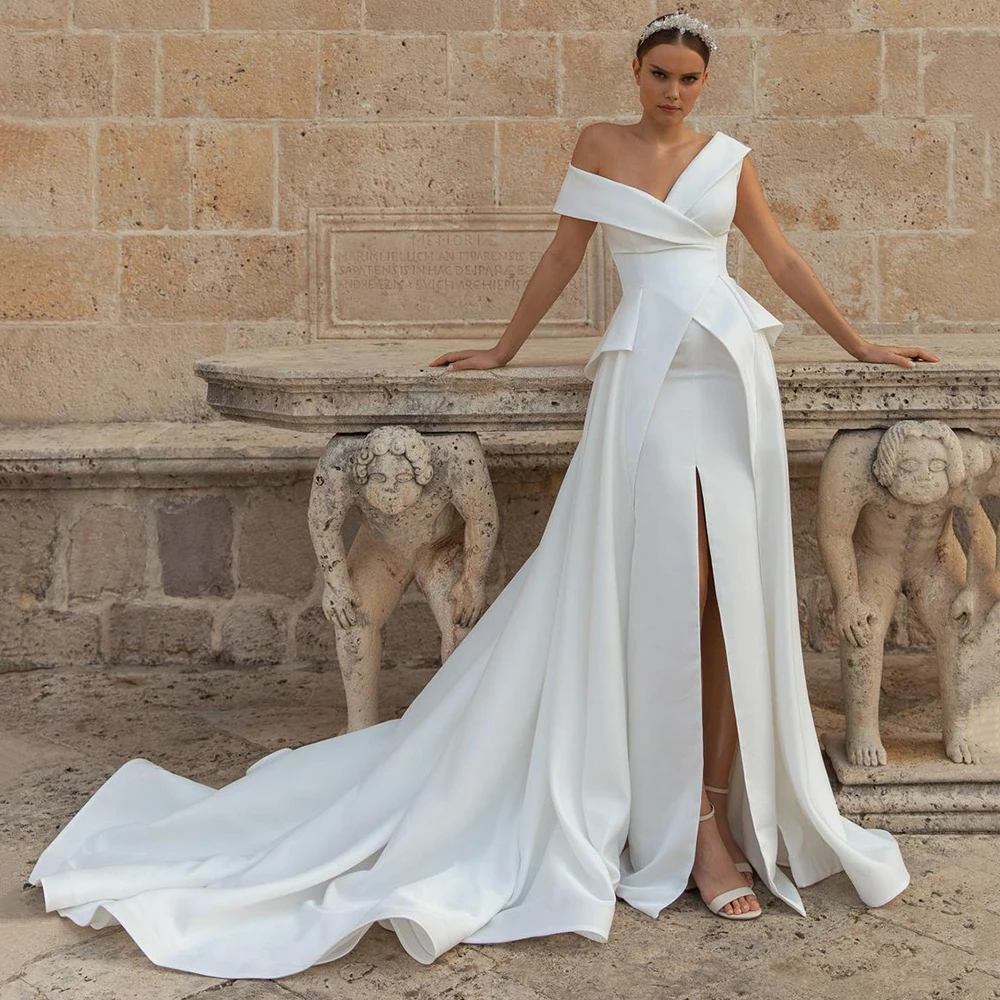 Vestido De novia De corte en A, Simple, con manchas, hombros al descubierto, con abertura alta, vestido De novia De tren De barrido, vestido De novia Civil personalizado