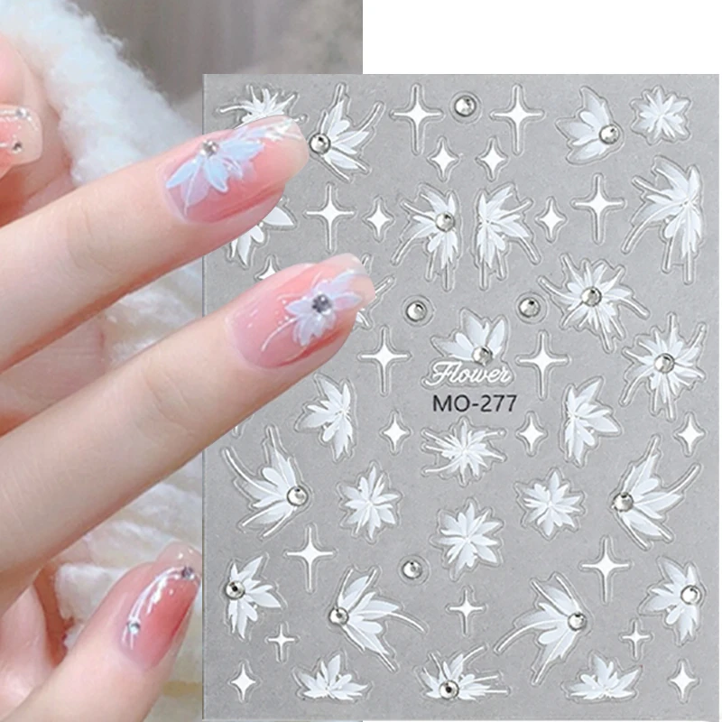 Lace Flowers Nails Art Stickers Rhinestone White Pink Floral Leaf Sliders For Nails Wedding Daily Manicure Decoration