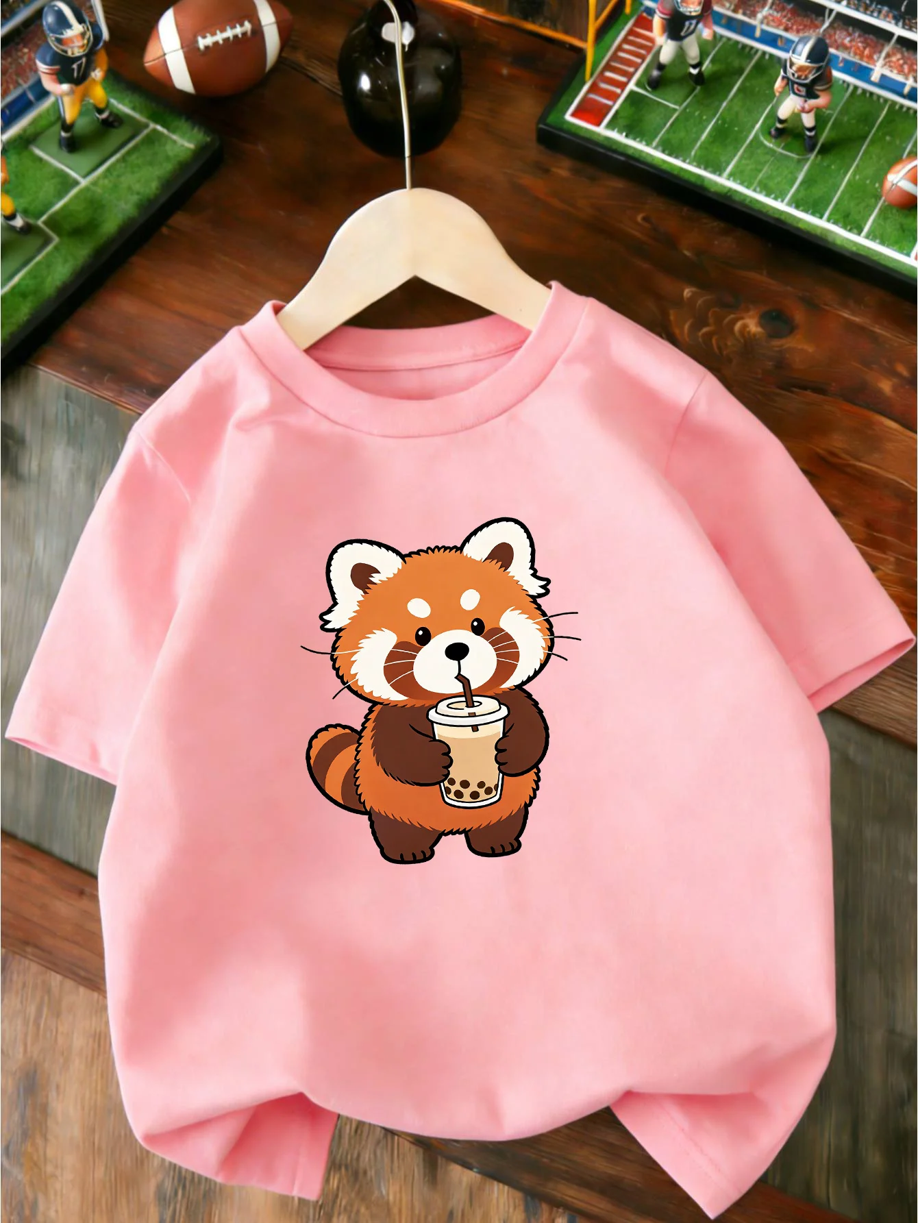 Cute Red Panda Bubble Tea Lovely Cartoon Animal Graphic Print T Shirt Family Matching Boys Girls Kids Casual Short Sleeve Tops