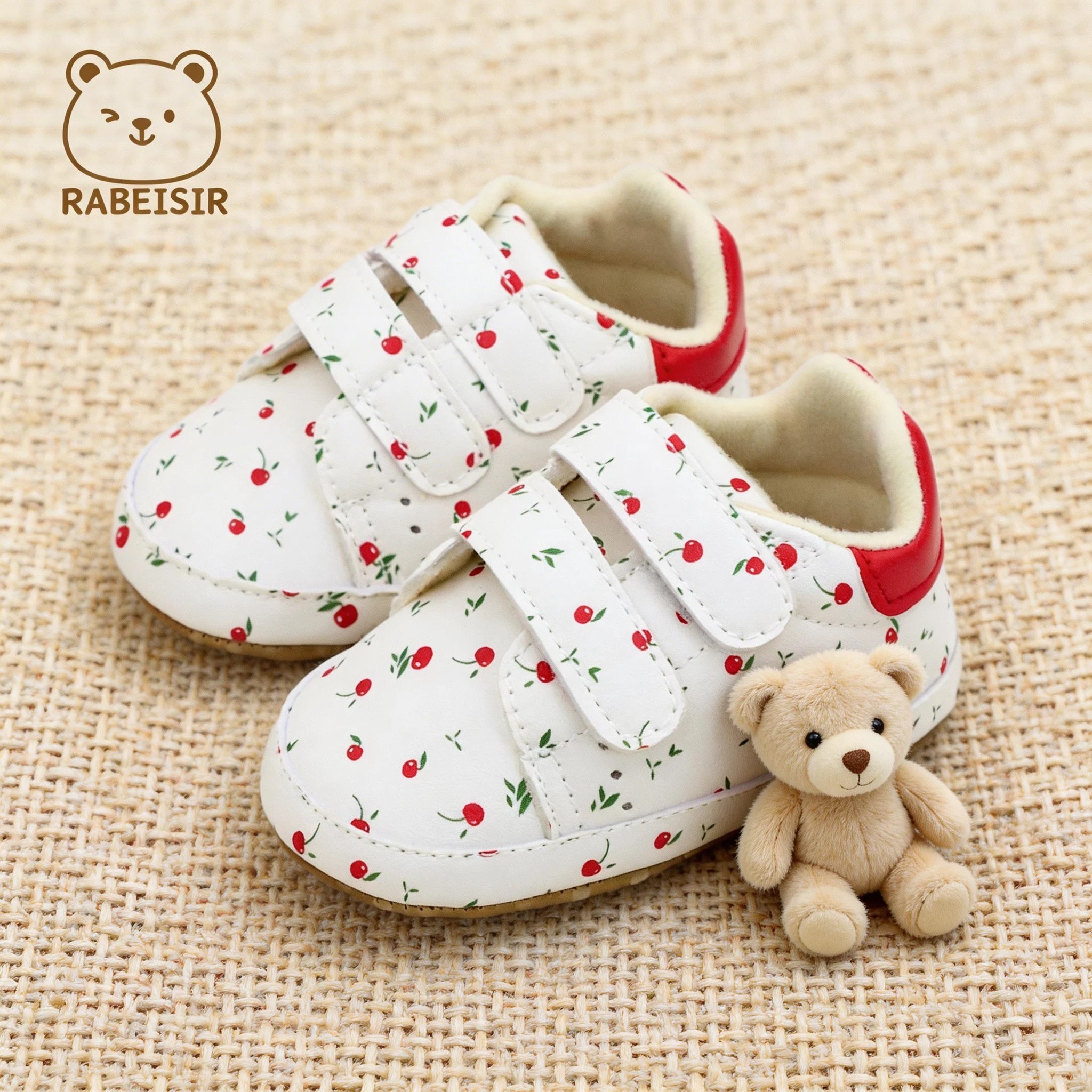 0-18M Baby Casual Shoes, Sweet Cherry Print, Double Hook & Loop, Light Soft Sole Baby Girls Pre-walkers