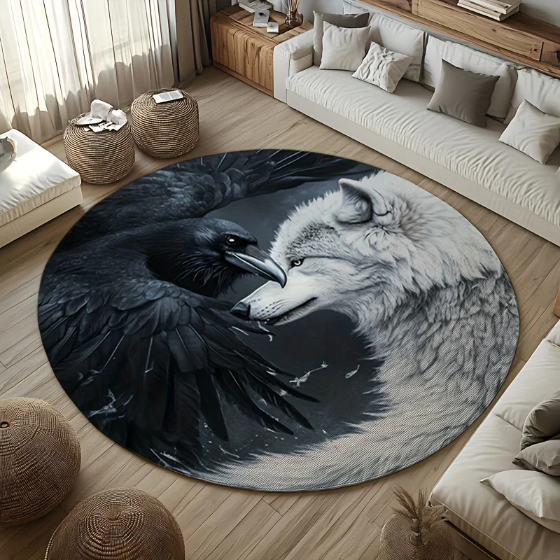Wolf Raven Art Round Rug Flannel Printed Carpet Mythical Design Home Decor Cozy Soft Floor Mat Living Room Indoor Use