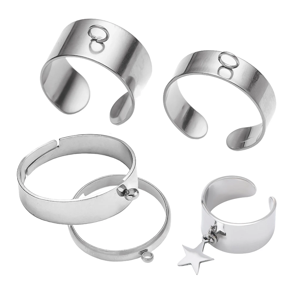 5pcs Stainless Steel 3/5/6/10mm Wide Band Cuff Rings Open Rings Base  Tray with Loop for DIY Finger Jewelry Making Women Men