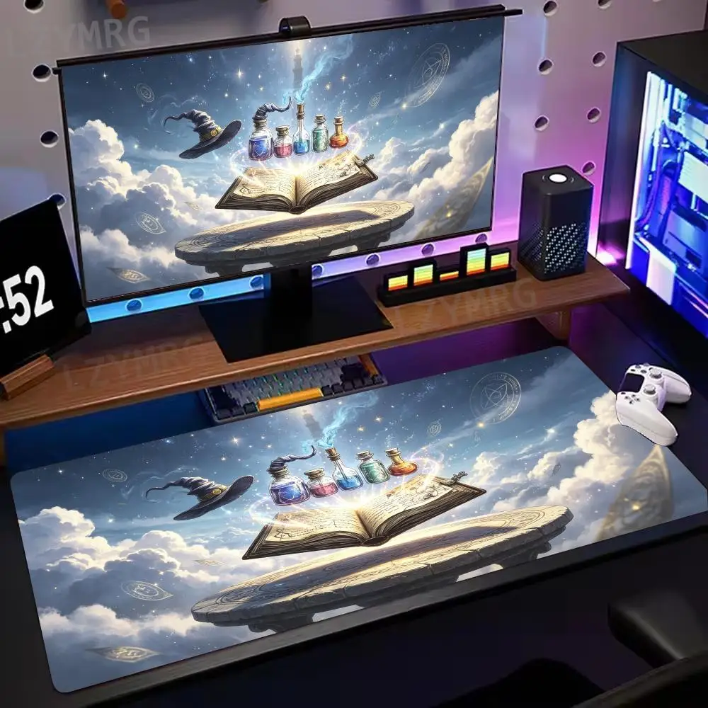 Fantasy Sky Altar Desk Pad Glowing Open Grimoire Color Potion Jar Floating Rune Mousepad Laptop Work Study Accessory