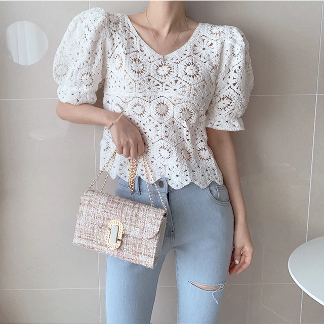 Ladies Puff Sleeve Vintage Lace Crop Top Women Summer New Fashion Casual Female Elegant T-shirt Dropshipping Cheap Wholesale