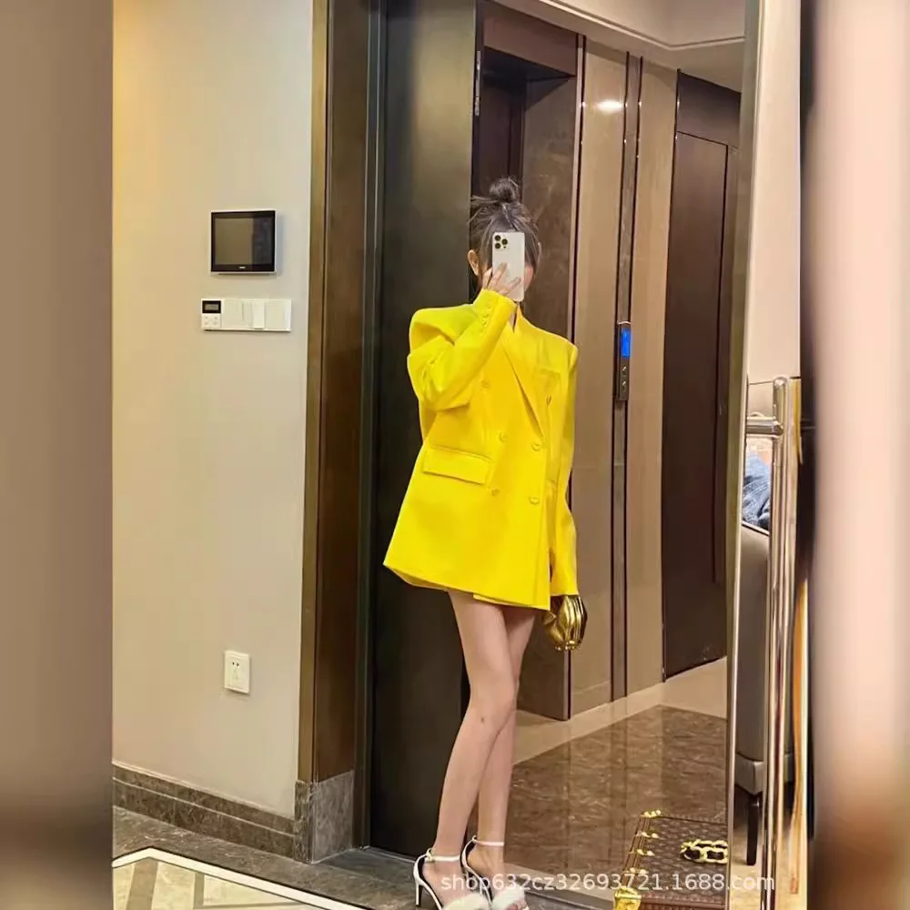 Fashion Yellow Oversize Blazer Coat for Women 2024 Early Autumn New Design Sense Chic Idle Style Casual Suit Jacket Top Ladies