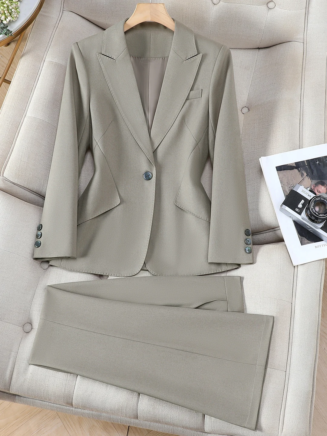 Business Commute Women's Pure Color Suit Set Waist-Cinching OL Style Long Sleeve Polyester Fiber Formal Wear