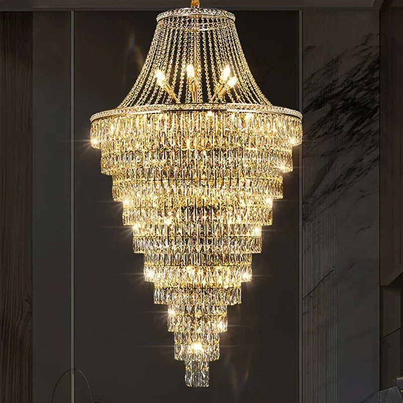 Deluxe Long Crystal Ceiling Chandelier for Living Room Hollow Building Middle Rise Decorative Pendant Lamp for Duplex Building