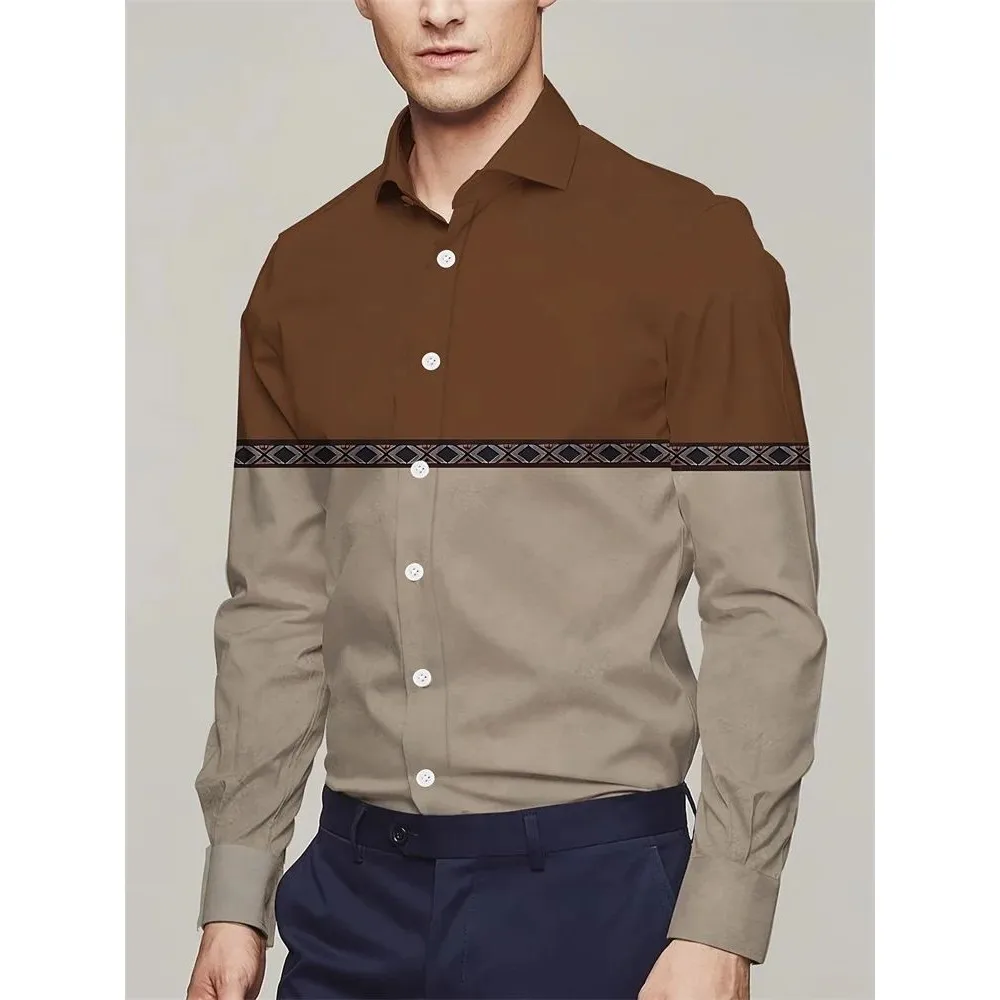 Vintage Ethnic Print Men's Long Sleeve Western Cowboy Shirt Thickened Fleece Autumn  Collar Nine Points Sleeve Jeans
