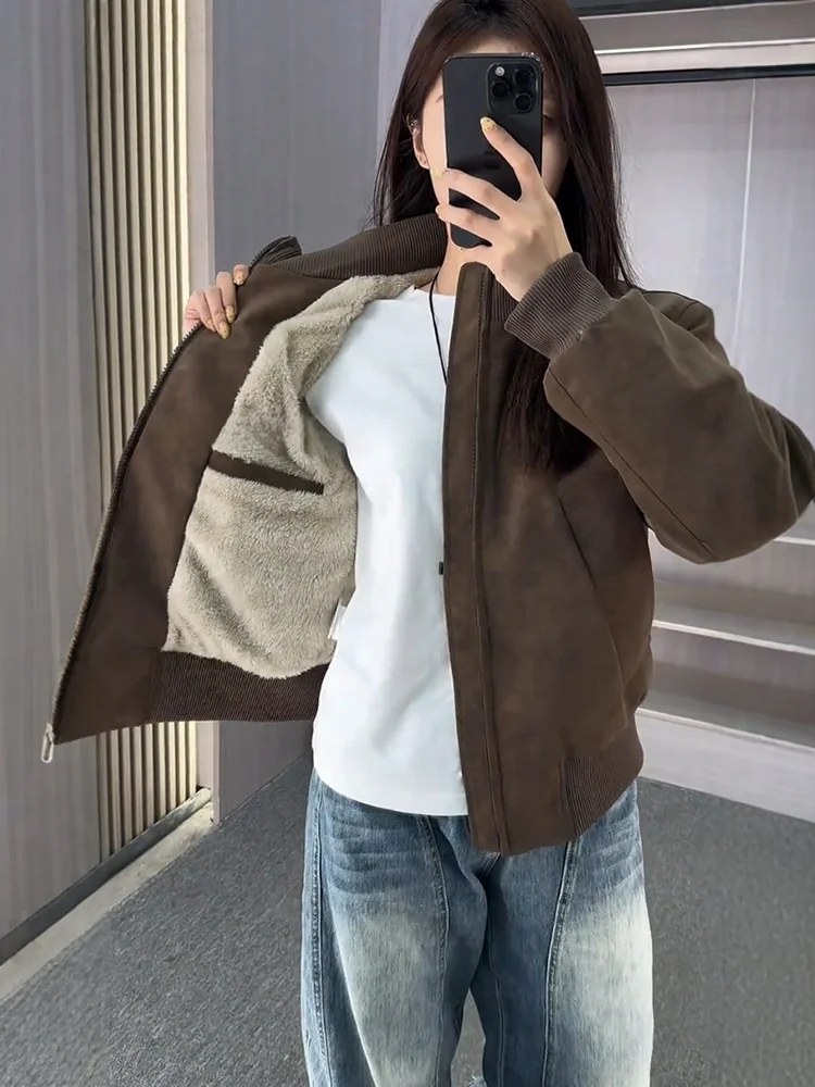 

Retro American Dyed Leather Jaet Men's Winter Fce Lined Thiened High oulder Stand Collar Motorcycle Cotton Jaet