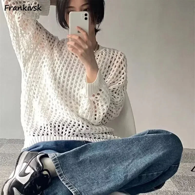 Purple Hollow Out Design Sweaters Women Loose Casual Fashionable Simple Wear Mesh O-neck High Street Hip Hop Long-sleeved Daily