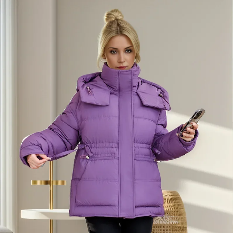 Jaqueta puffer monocromática com capuz para mulheres, gola, encaixe solto, jaqueta de algodão acolchoada, jaqueta grossa quente, inverno, elegante, 2024