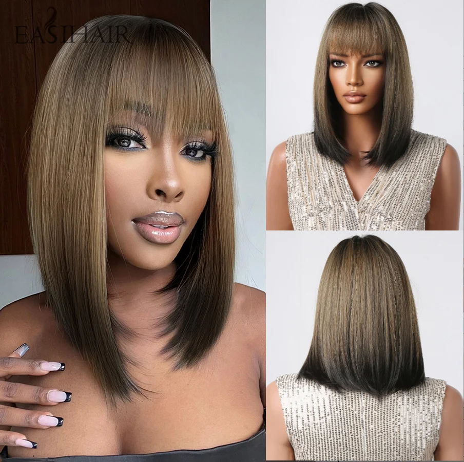 

EASIHAIR Short Bob Wig with Bangs Synthetic Straight Black Brown Ombre Hair Wigs for Women Cosplay Natural Heat Resistant Fibre