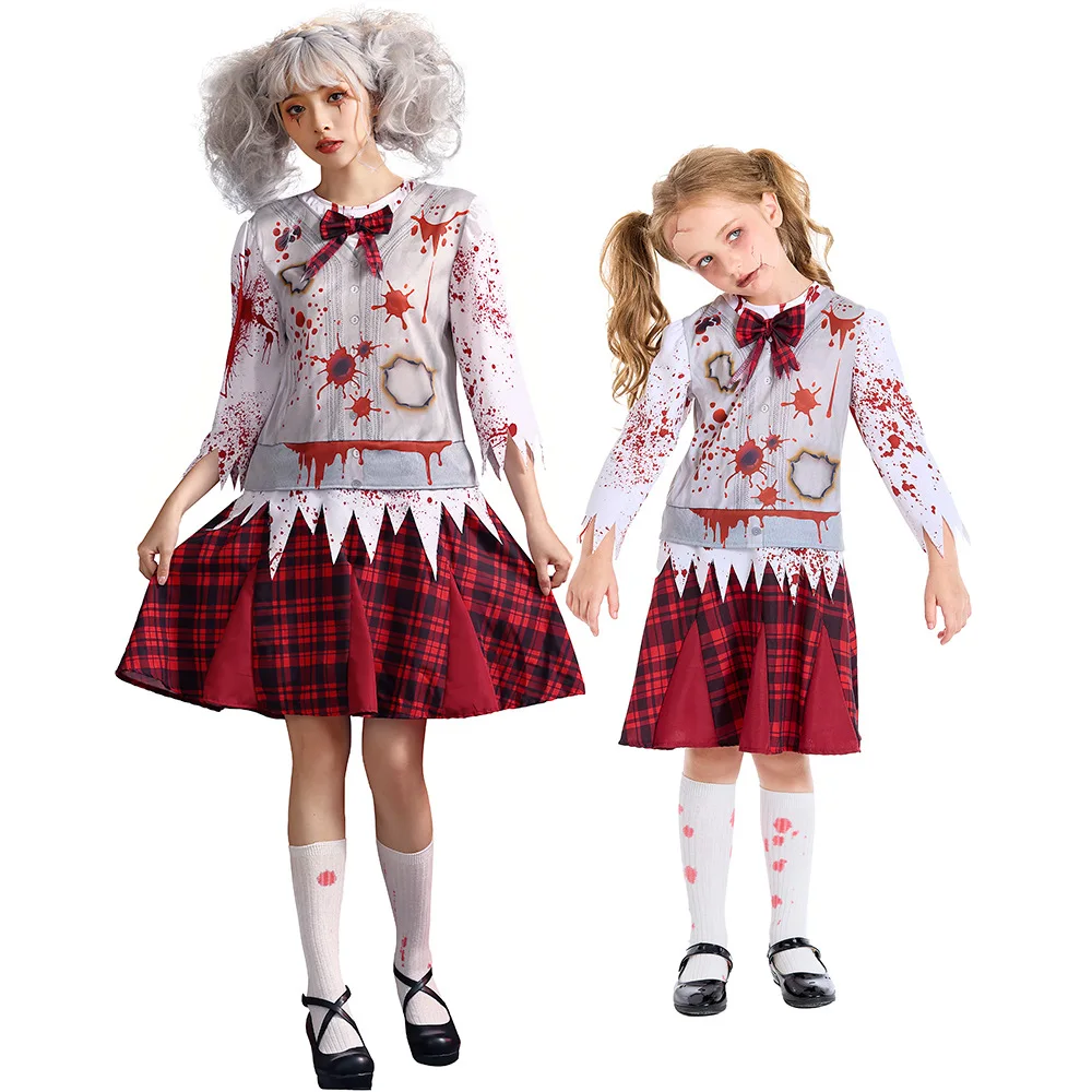 Kid Red Checkered Student Dress Halloween Zombie Cosplay Costume Scary Kids Halloween Party Carnival Costume Fancy Dress